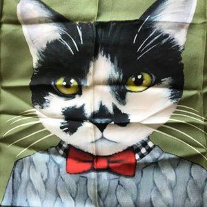 Adorable!  F&F 100% Silk Scarf - Cat in Sweater and Bow Tie
